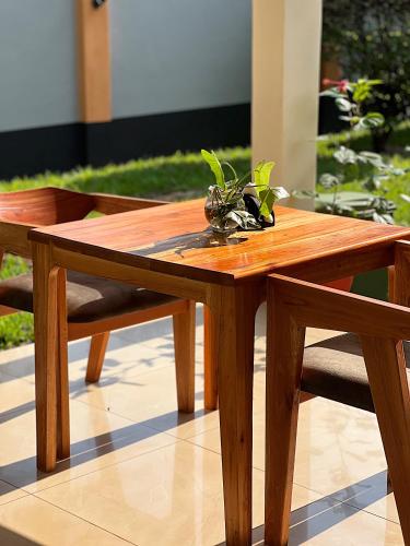 a wooden table with a plant on top of it at Kivuli Lodge in Moshi