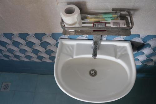 a white sink in a bathroom with a roll of toilet paper at Hong Qi Hotel in Chitwan