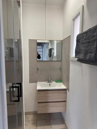 une salle de bain avec un lavabo et un miroir dans l'établissement La maison de la mer, à Fleury