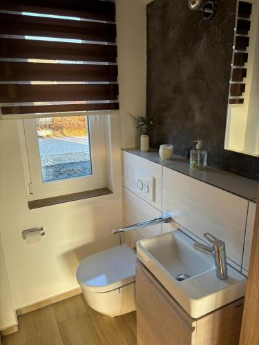 a bathroom with a toilet and a sink and a window at Wood&Stone - Modernes Haus in Seenähe am Tankumsee mit Terrasse, Outdoorküche, Kamin, Homeoffice Bereich & voll ausgestatteter Küche im Naherholungsgebiet in Isenbüttel