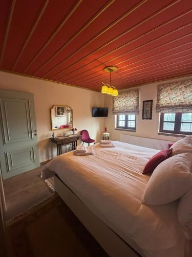 a bedroom with a large bed with a red ceiling at Petrini Armonia, Vitsa Zagori in Vitsa