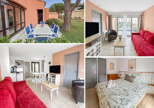 un collage de trois photos d'un salon dans l'établissement Terrasse privée, piscine, à 5 mn de la plage, au Cap d'Agde