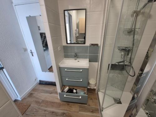 une salle de bain avec un lavabo et une douche dans l'établissement Studio 19m2 classé 1, vue sur étang de Thau, 200m des cures, 2eme Étage sans ascenseur, à Balaruc-les-Bains