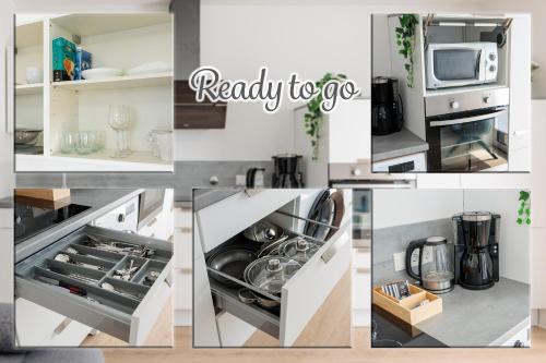 a collage of photos of a kitchen with appliances at Modernes Apartment mit Terrasse & Garten, Parkplatz & Self-Check-in in Ibbenbüren