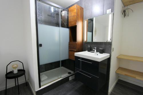 une salle de bain avec une douche en verre et un lavabo dans l'établissement Garonne8 - Spacious accomodation 8ppl Disneyland, à Serris