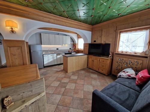 un soggiorno con divano e cucina di Dolom Love Larice PadolaDolomiti a Padola