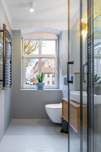 a bathroom with a toilet and a sink and a window at Apartamenty Belona Puck in Puck