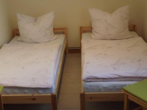 two beds in a room with white sheets and pillows at Ferienhaus-Olthoff in Gützkow