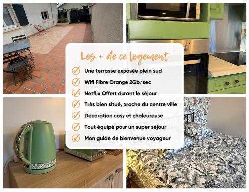 a collage of pictures of a kitchen with a sign at Maison Cosy et Bohème in Châteaubernard