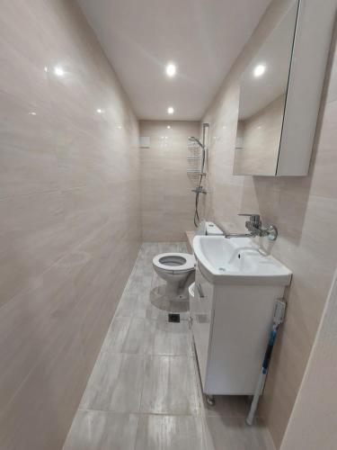 Un baño blanco con inodoro y lavabo. en Вила Хейла, en Voditsa