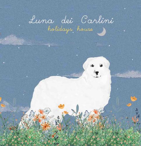 a painting of a white dog in a field of flowers at LUNA dei CARLINI in Mombarcaro