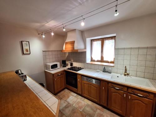 a kitchen with wooden cabinets and a sink and a microwave at Les jardins du Canal in Sainte-Eulalie