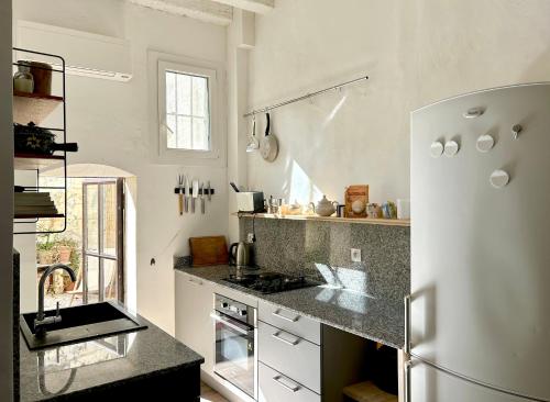 une cuisine avec un évier et un réfrigérateur dans l'établissement Lumineuse maison de centre-ville, à Arles
