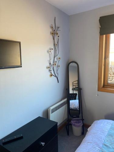 a bedroom with a bed and a mirror and a dresser at Apartment 1, Craigmore in Lerwick