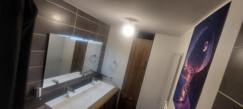 une salle de bain avec un lavabo et un miroir dans l'établissement Single-story villa with pool and outdoor playground, à Saint-Paul-et-Valmalle