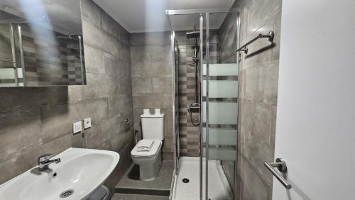 a bathroom with a toilet and a sink and a shower at Estudio en Gran Via centro in Madrid