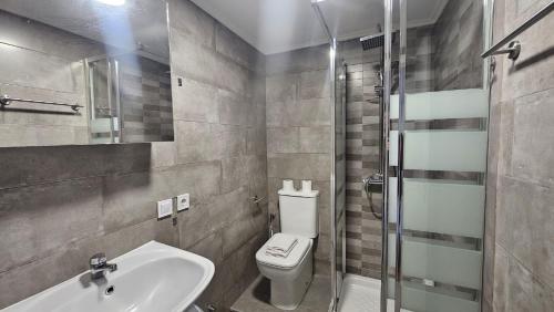 a bathroom with a toilet and a sink and a shower at Estudio en Gran Via centro in Madrid