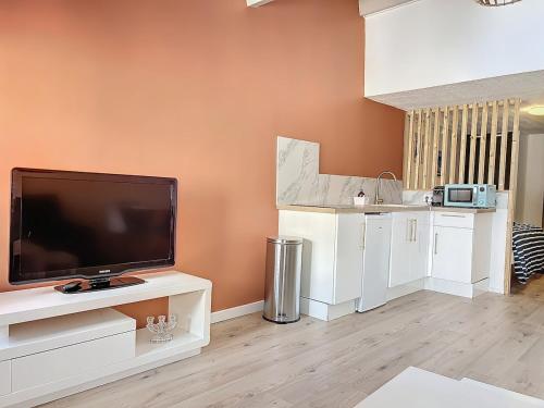 Il comprend un salon avec une télévision à écran plat et une cuisine. dans l'établissement Charmant cocon , proche marché, port et gare, à Toulon
