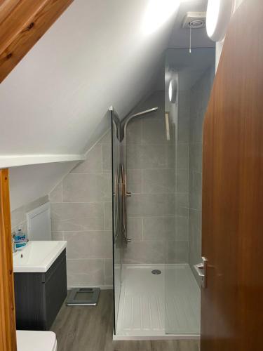 a bathroom with a shower with a glass door at Apartment 1, Craigmore in Lerwick