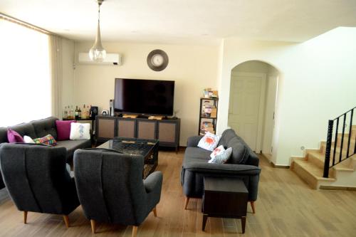 a living room with two couches and a tv at Proto Villa in Sarigerme
