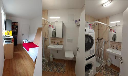 a bathroom with two sinks and a washing machine at Il Baitone 1 in Minusio