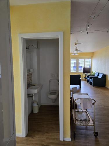 a living room with a toilet and a couch at Il Baitone 1 in Minusio
