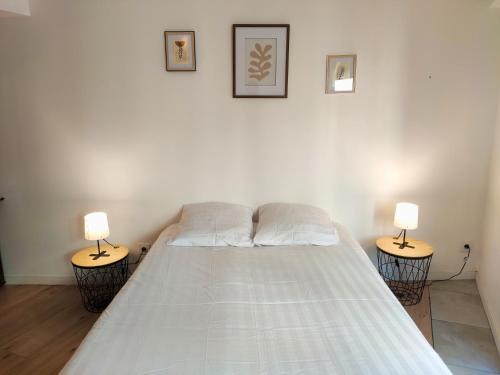 une chambre avec un lit avec deux lampes dessus dans l'établissement L'Élégant - Focalimmo, à Foix