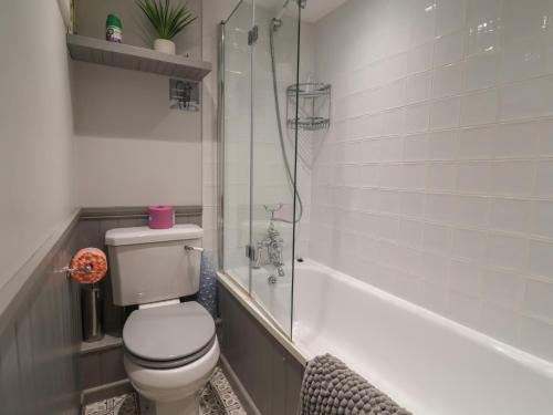 a bathroom with a toilet and a shower and a tub at Old Ropemakers Cottage in Bridport