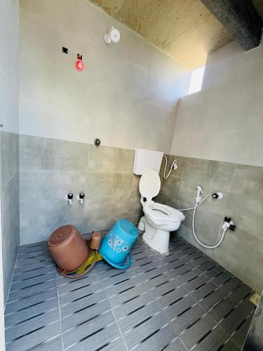 a bathroom with a toilet and a shower in it at Mahek Home Stay Dwarka in Dwarka