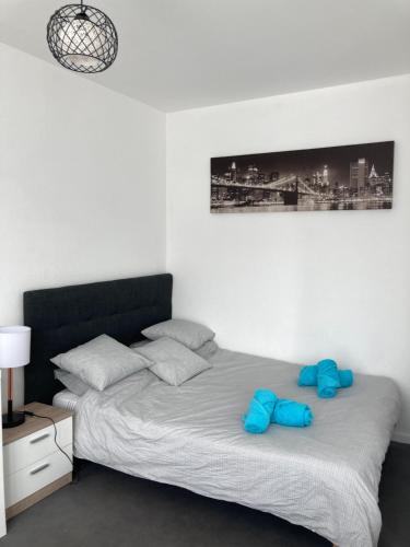 une chambre avec un lit avec deux oreillers bleus dans l'établissement F1 hyper centre avec garage, terrasse 8 m2, lumineux, WIFI, à Clermont-Ferrand