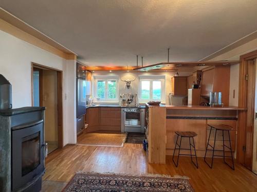 a kitchen with a stove and a counter top at Mountain house with a view in Christofberg