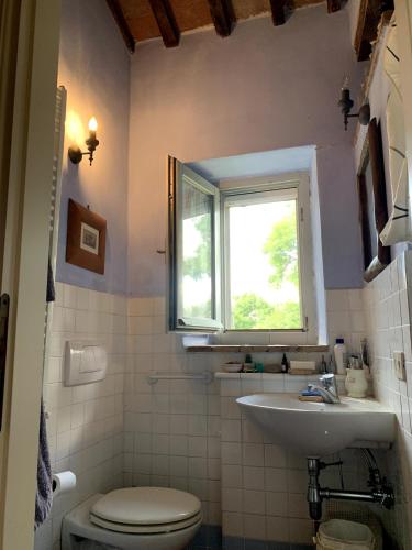 a bathroom with a sink and a toilet and a window at Casale in Maremma Podere Marino in Scansano