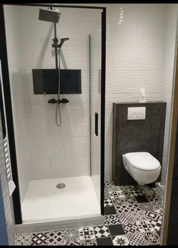 une salle de bain avec douche et toilettes dans l'établissement Quiet house near Disneyland, à Quincy-Voisins