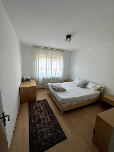 a bedroom with a bed and a window and a rug at Căsuța de la țară in Bradu