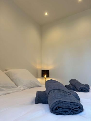 une chambre avec un lit avec une serviette bleue dessus dans l'établissement RARE - New apartment in the heart of Cannes, à Cannes