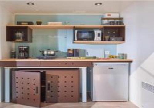 - une cuisine avec un comptoir et un four micro-ondes dans l'établissement Camping les Plages de Loire, à Rochefort-sur-Loire