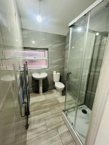a bathroom with a toilet and a sink and a shower at Double Room Near Railway station & Football Ground 88 in Nottingham