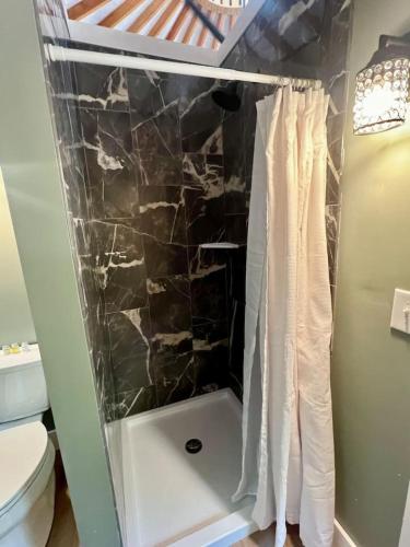 a bathroom with a shower and a toilet at Deer Pass - Luxury Glamping Yurt Near Deep CreekMd in Oakland