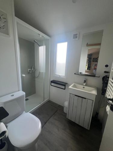 une salle de bain blanche avec des toilettes et un lavabo dans l'établissement 538 mobile home grand confort, à La Teste-de-Buch