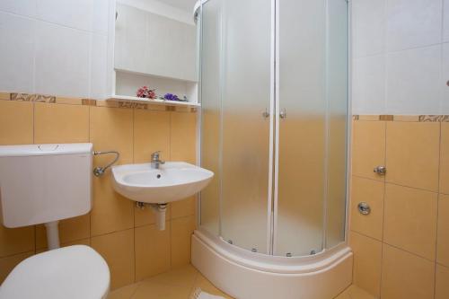 a bathroom with a shower and a toilet and a sink at Apartman Ana in Hvar