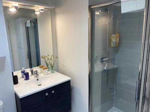 une salle de bain avec un lavabo et une douche dans l'établissement Ma place au sud Nice 604, à Nice