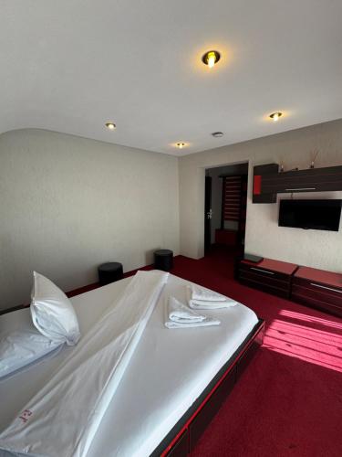 a large white bed in a room with a red carpet at House Of River in Moieciu de Sus