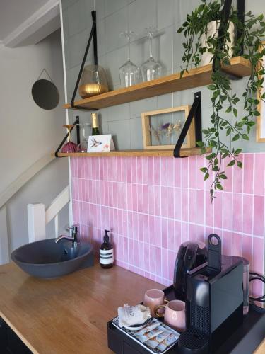 una cucina con lavandino e piastrelle rosa sul muro di Je B&B Giethoorn, incl fietsen! a Giethoorn