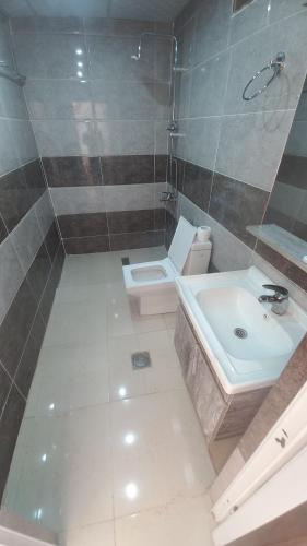 a bathroom with a sink and a toilet at Lowrance luxury camp in Wadi Rum