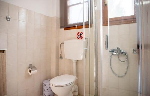 a bathroom with a toilet and a shower at Zefi's Aegina Apartment in Kapótidhes