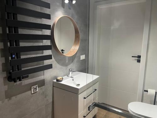 a bathroom with a sink and a mirror at Osada Limajno Dom Żurawia in Cerkiewnik