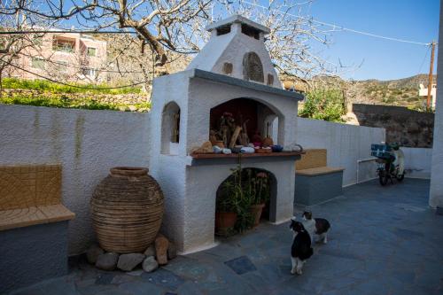 two cats standing next to a building with a fireplace at Zefi's Aegina Apartment in Kapótidhes