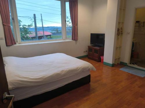 a bedroom with a bed and a television and a window at 馨舍民宿 in Xinshe