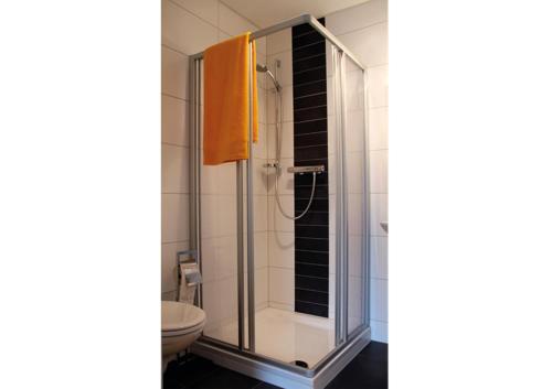 eine Dusche mit Glastür im Bad in der Unterkunft Gasthof Franzosenhof in Wullowitz
