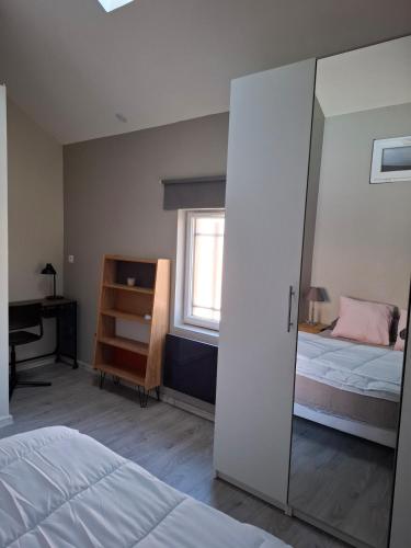 une chambre avec deux lits et un miroir dans l'établissement Duplex en centre-ville, à Fontainebleau